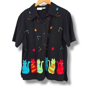 Tropico Black Cat Paw Print Short Sleeve Button Up Top Women's‎ Size Large